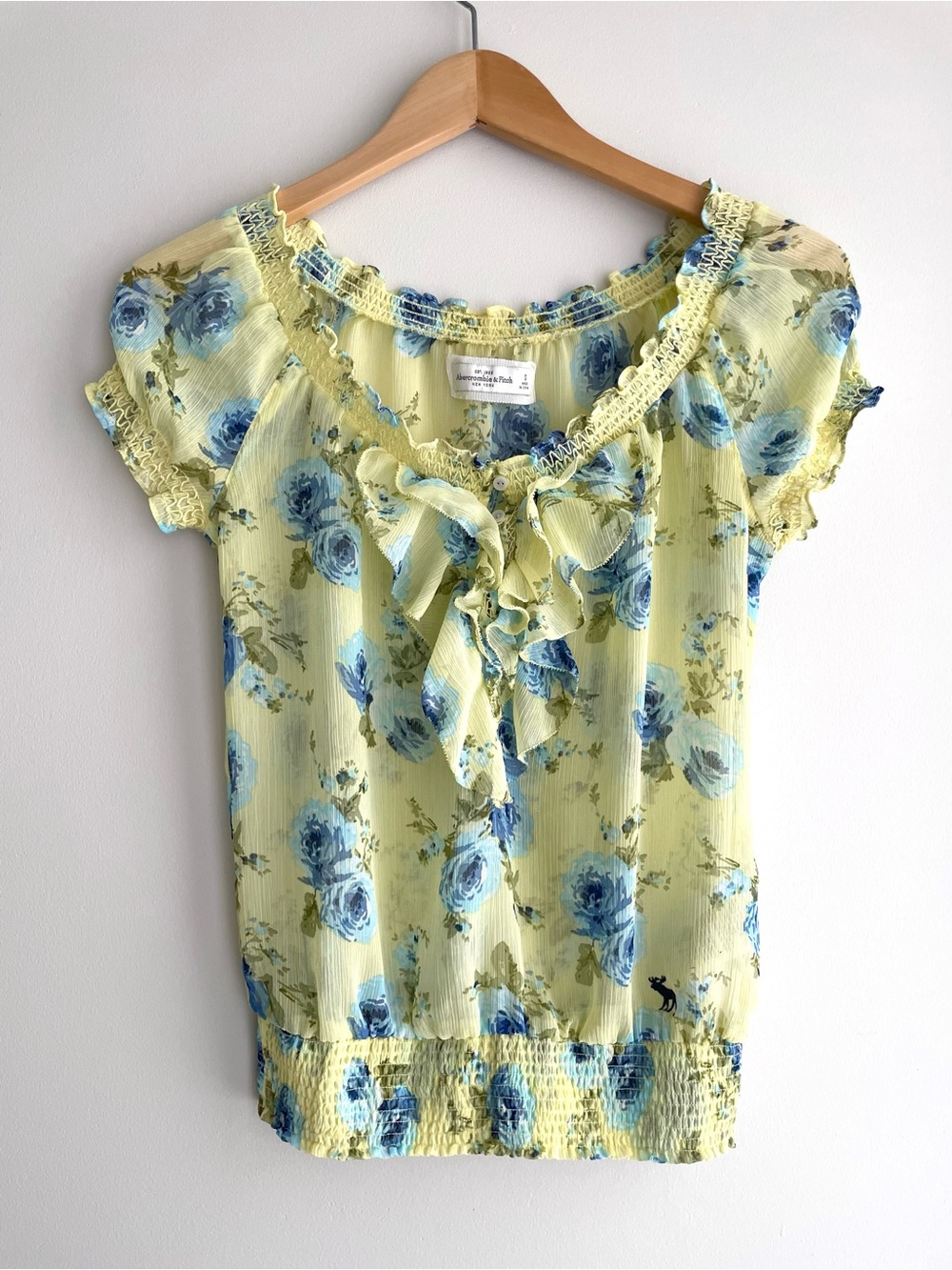 Abercrombie & Fitch Cottagecore Sheer Butter Yellow Floral Blouse